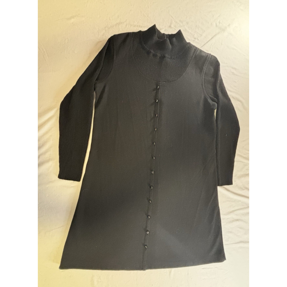 Vintage Kathy Lee‎ Black Button Front Dress Ribbed Mock Neck Long Sleeve Size L